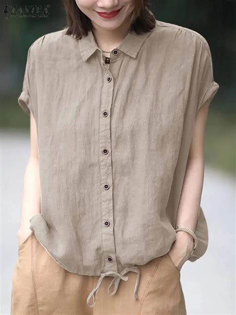 2024 Zanzea Women Solid Buttons Down Tops Summer Vintage Lapel Neck Short Sleeve Shirt Fashion