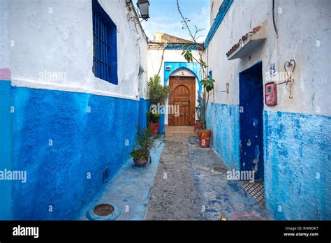 Beautiful street in blue and white inside the Kasbah of the Udayas ...