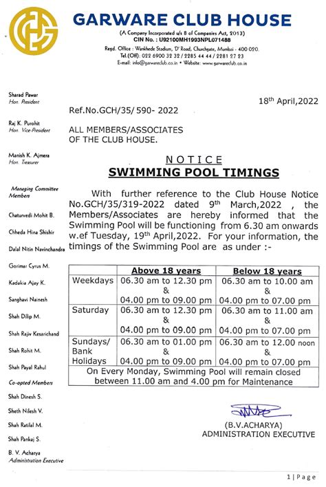 Revised timings of Swimming Pool - Garware Club House