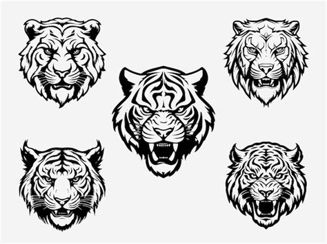 Ensemble De Logo Illustration Tête De Tigre Noir Et Blanc Vecteur Premium