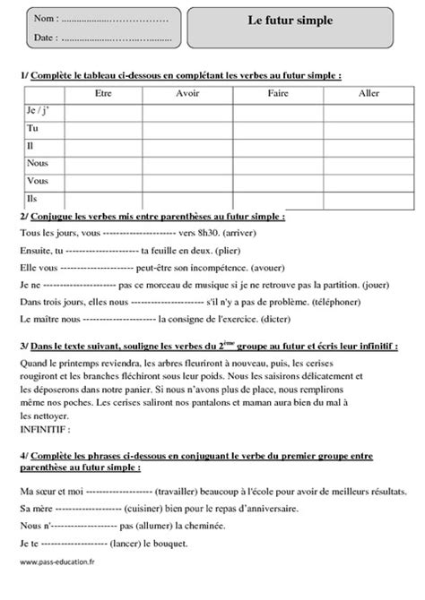 Futur simple Cm1 Exercices corrigés Conjugaison Cycle 3 Pass