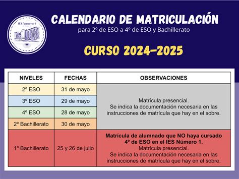 Calendario De Matriculación Para Secundaria Y Bachillerato Del Curso