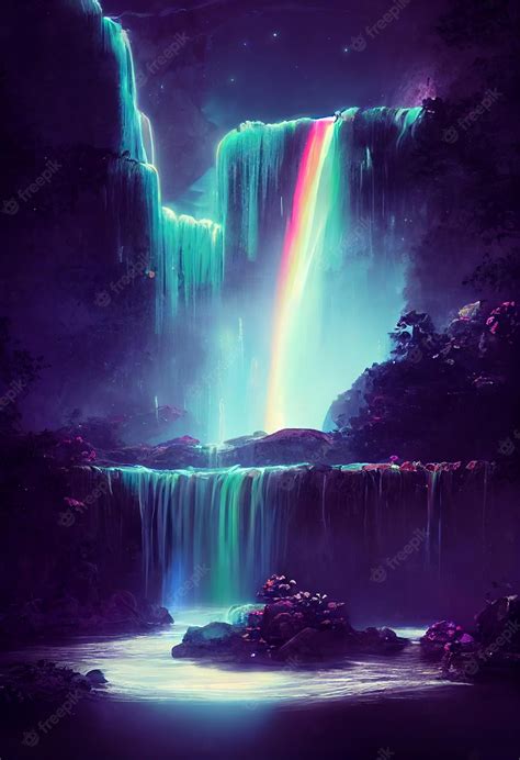 Premium Photo Fantasy Of Neon Waterfall In Deep Forest Glowing