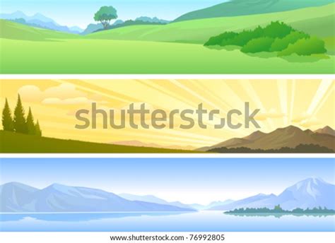 Nature Themes Lake Sunrise Green Field Stock Vector Royalty Free