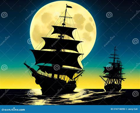 Ai Generated Illustration Of A Pirate Ship Sailing In The Night Stock