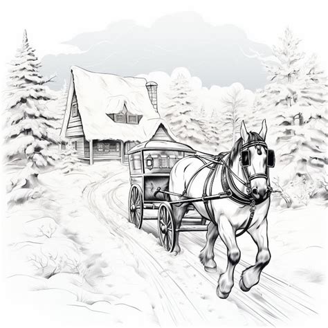 Premium AI Image | a drawing of a horse pulling a wagon with a house in the background.