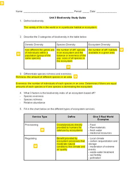 Answer KEY Envr Sci Unit 2 Biodiversity Study Guide Name