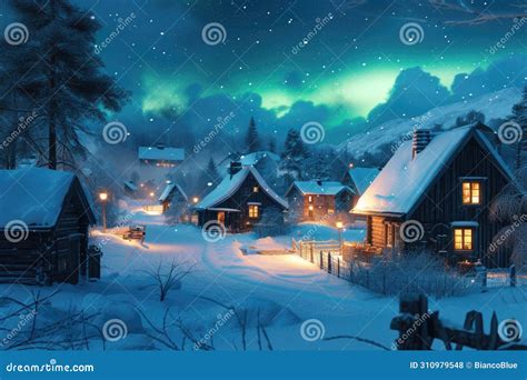 Winter Cabins Under Magical Northern Lights Resplendent Stock Photo