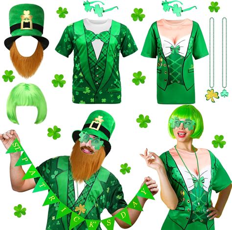 Casuallined 2 Set St Patricks Day Costume Accessories Set Tuxedo Clover T Shirt