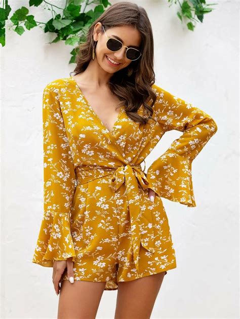 Surplice Front Plant Print Romper