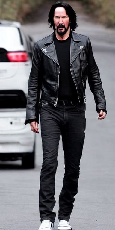 Prompthunt Keanu Reeves In A Black Leather Jacket White Adidas Pants