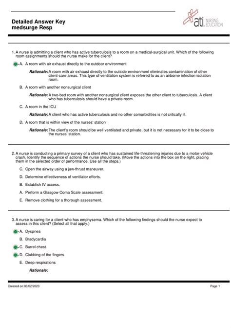 ATI Med Surg Respiratory Detailed Answer Key ATI Med Surg Stuvia US