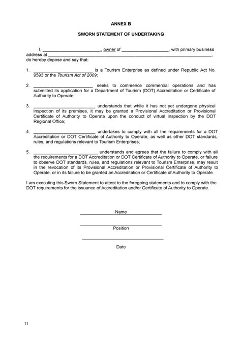 Template Sworn Statement Of Underatking Annex B Sworn Statement Of