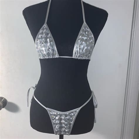Holographic Silver Bikini Thong Swim Suit With Depop