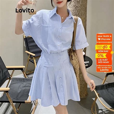 [mã Fadep0706 Giảm đến 30k đơn Từ 99k] Lovito Bộ Chân Váy Xắn Tay Sọc