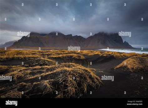 Vestrahorn mountain and black sand beach in stokksnes peninsula Iceland ...