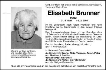 Traueranzeigen Von Elisabeth Brunner Trauer Bz