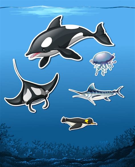 Premium Vector Set Of Ocean Animal Stickers On Sea Background