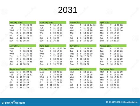 Year 2031 Calendar in English Stock Illustration - Illustration of ...