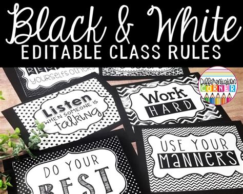 Editable Black and White Classroom Rules Posters Black and White ...