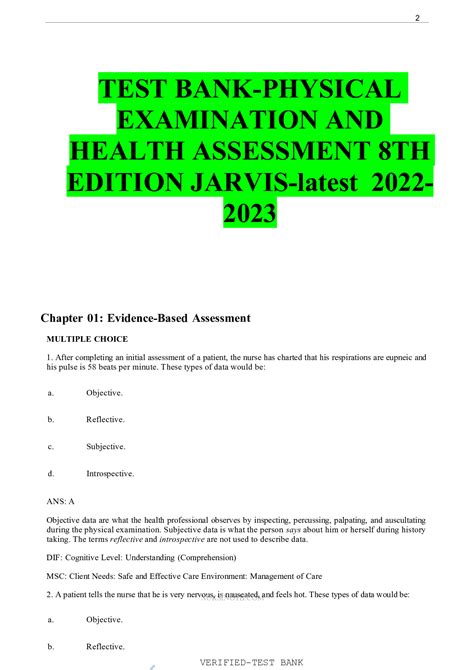 TEST BANK PHYSICAL EXAMINATION AND HEALTH ASSESSMENT 8TH EDITION JARVIS