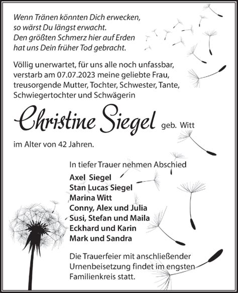 Traueranzeigen Von Christine Siegel M Rkische Onlinezeitung Trauerportal