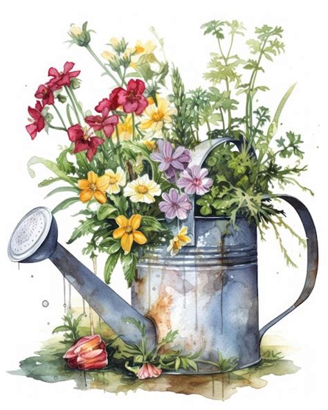 Premium Photo | The Overgrown Garden A White Watering Flowers Illustration on a Gray Background