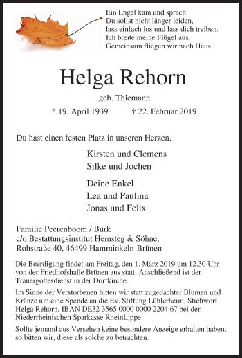 Traueranzeigen Von Helga Rehorn Trauer In Nrw De