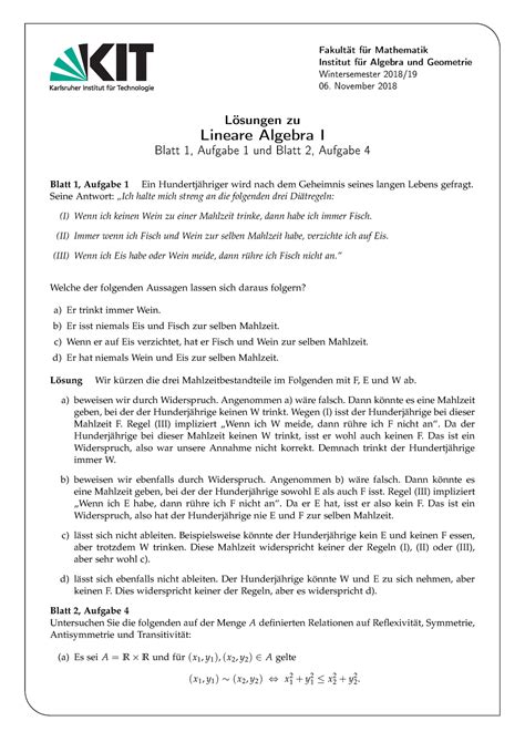 Lineare Algebra Blatt Loesung Aufgabe Und Blatt Loesung