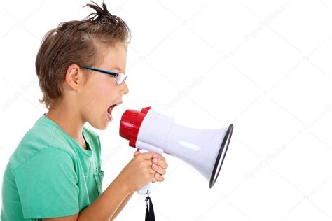 Crying Boy With Glasses And Megaphone — Stock Photo © Nickfreund 28661221