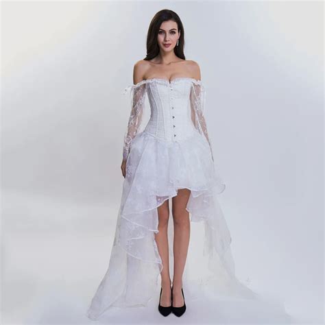 Bridal Corsets And Bustiers White Lace Sleeve Gothic Corset Dress Wedding Sexy Burlesque Outfit