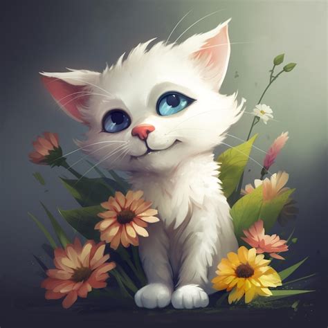 Um gato branco de olhos azuis está sentado em um campo de flores