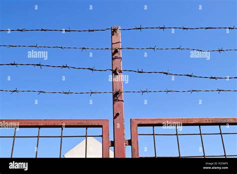 Barbed wire fence of the prison Stock Photo - Alamy