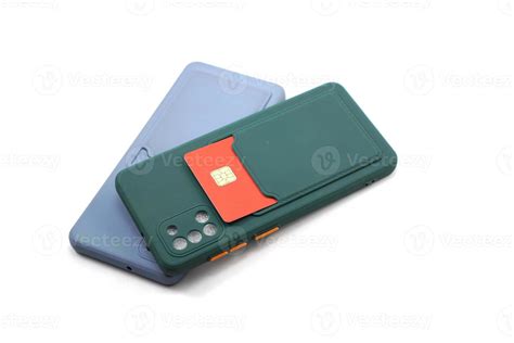 two blue and dark green phone cases for smartphones with credit card storage 12053419 Stock ...