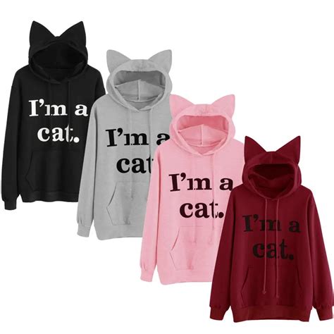 Cute 3d Cat Ear Hoodies Women Hooded Sweatshirt Jumper Hoody I Am A Cat