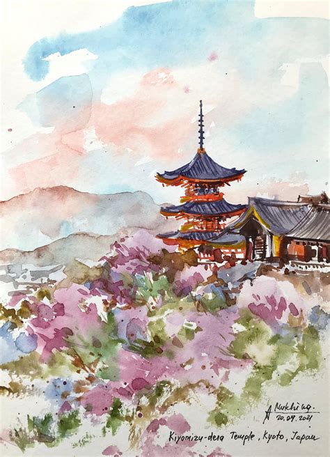 Japanese Watercolor Painting Kyoto Kiyomizudera Temple Sakura Blooming