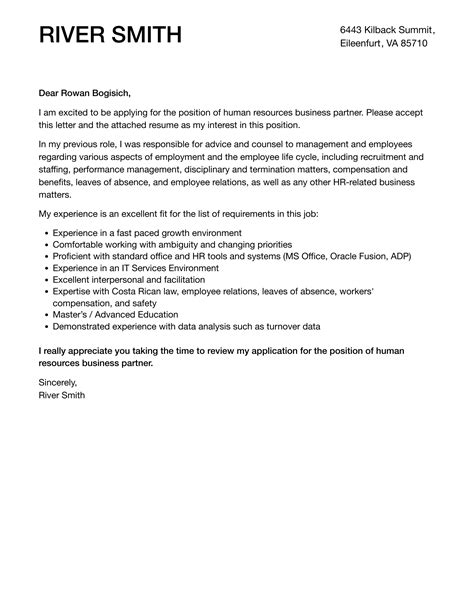 Human Resources Business Partner Cover Letter Velvet Jobs