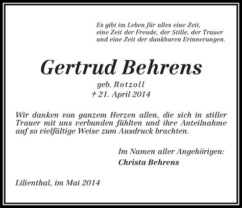 Traueranzeigen Von Gertrud Behrens Trauer Gedenken