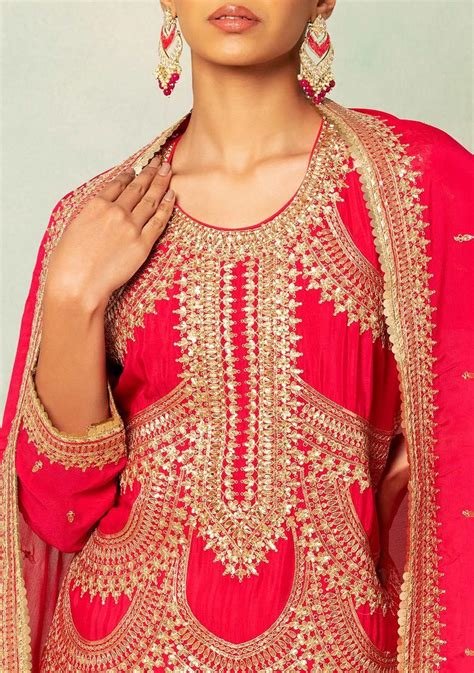 Buy Women Fuchsia Pink Zari Sequin Embroidered Kurta Set With Sharara