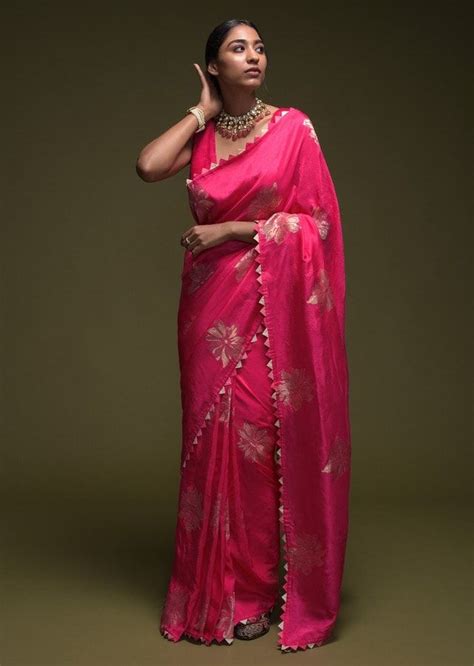 Fuchsia Pink Saree In Silk Blend With Woven Floral Motifs And Origami