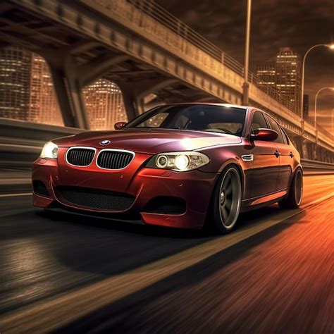 Premium Ai Image A Red Bmw Car Is Driving Down A Road With A Bridge