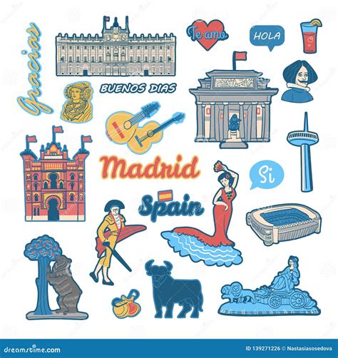 Set Of Stickers With Symbols And Landmarks Of Spain Vector Illustration