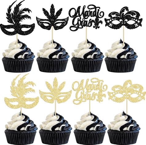 Gyufise 24Pcs Masquerade Masks Cupcake Toppers Black Gold Glitter Mardi