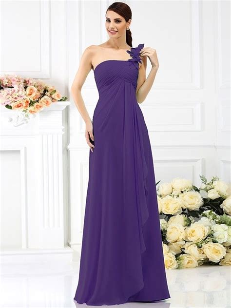 A Line Princess One Shoulder Pleats Sleeveless Long Chiffon Bridesmaid