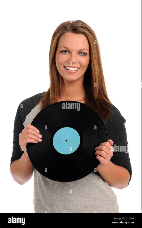 Young Woman Holding Record Isolated Over White Background Stock Photo