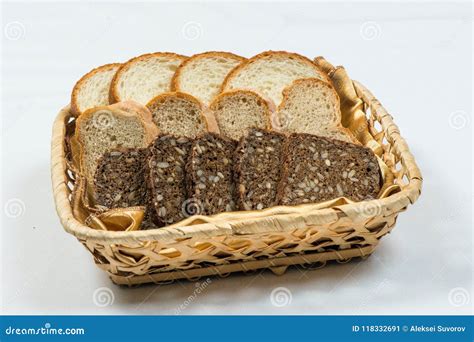 A Variety Of Freshly Baked Bread In A Wicker Basket Stock Image Image