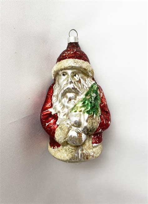 1930s German Glass Ornament Red Coat Santa Holding Tree Figural Glass Christmas Ornament Just