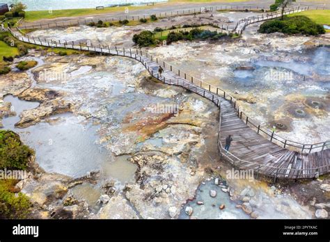 Portugal Azores Sao Miguel Island Furnas Aerial View Hot Springs And Fumaroles Aerial Stock