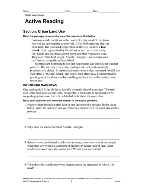 Holt Environmental Science Skills Worksheet Active Reading Answer Key — Db