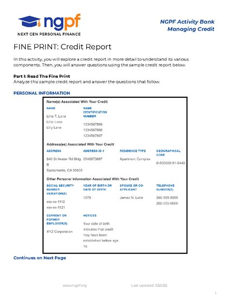 Copy Of Fine Print Credit Report Ngpf Activity Bank Managing Credit